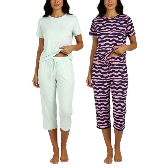 Real Essentials 2 Pack: Womens Pajamas Short Sleeve Sleepwear Tops and Capri Pants Pjs Print Pajama Sets (Available In Plus)