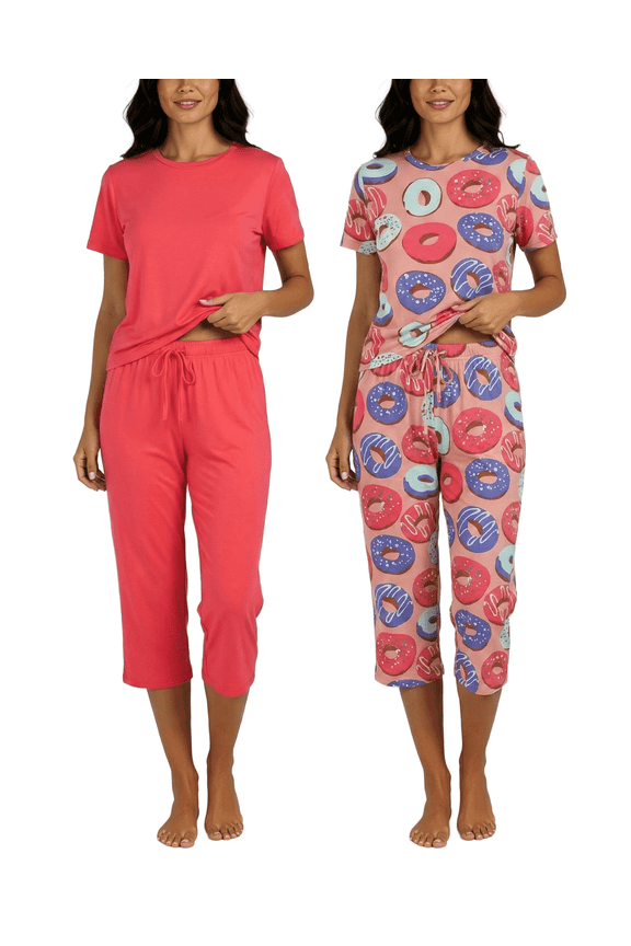 2 Pack: Womens Pajamas Short Sleeve Sleepwear Tops and Capri Pants Pjs Print Pajama Sets (Available In Plus)