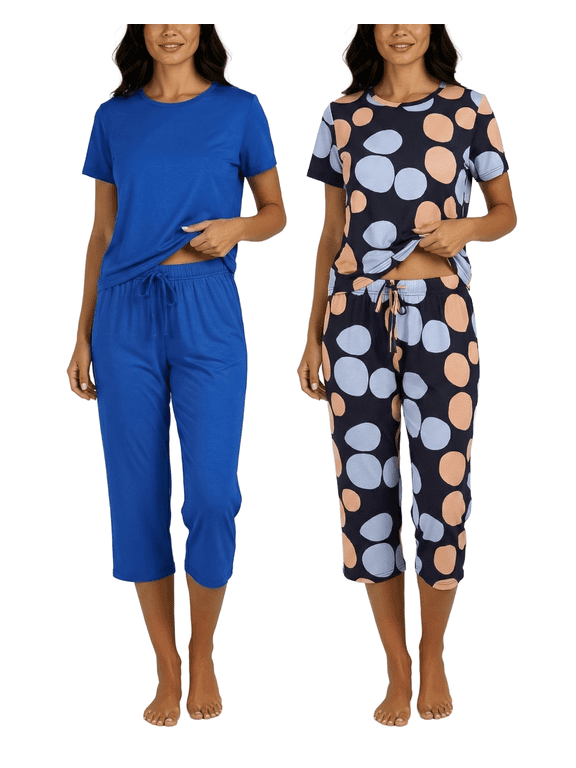 2 Pack: Womens Pajamas Short Sleeve Sleepwear Tops and Capri Pants Pjs Print Pajama Sets (Available In Plus)