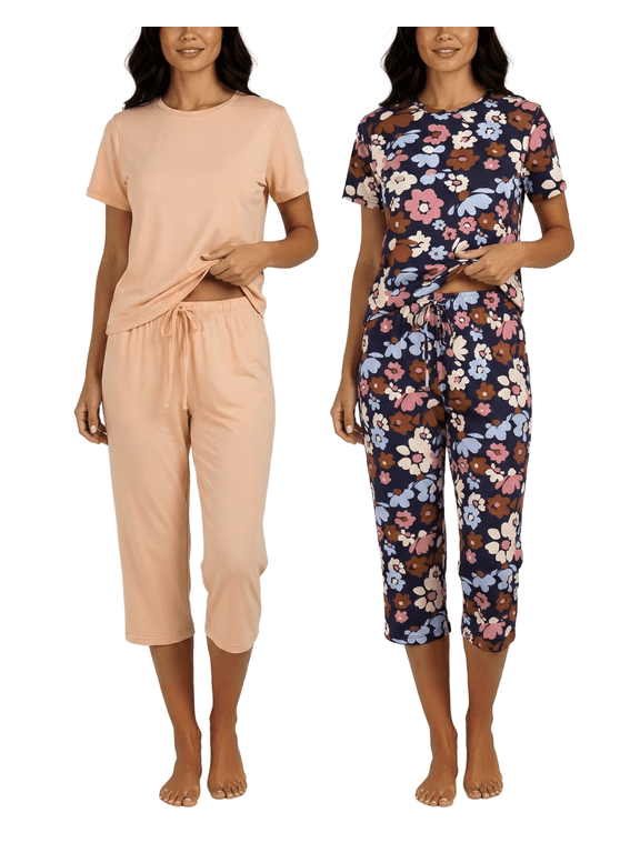 2 Pack: Womens Pajamas Short Sleeve Sleepwear Tops and Capri Pants Pjs Print Pajama Sets (Available In Plus)