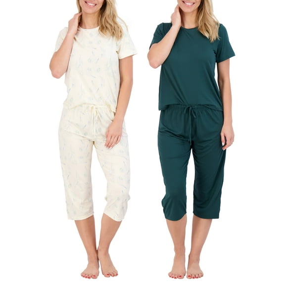 2 Pack: Women’s Cozy Short-Sleeve PJ Top with Capri Pants - Pajama Lounge & Sleepwear Set (Available In Plus)