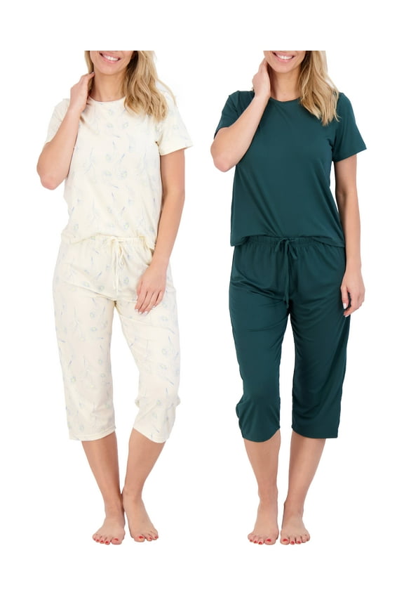 2 Pack: Women’s Cozy Short-Sleeve PJ Top with Capri Pants - Pajama Lounge & Sleepwear Set (Available In Plus)