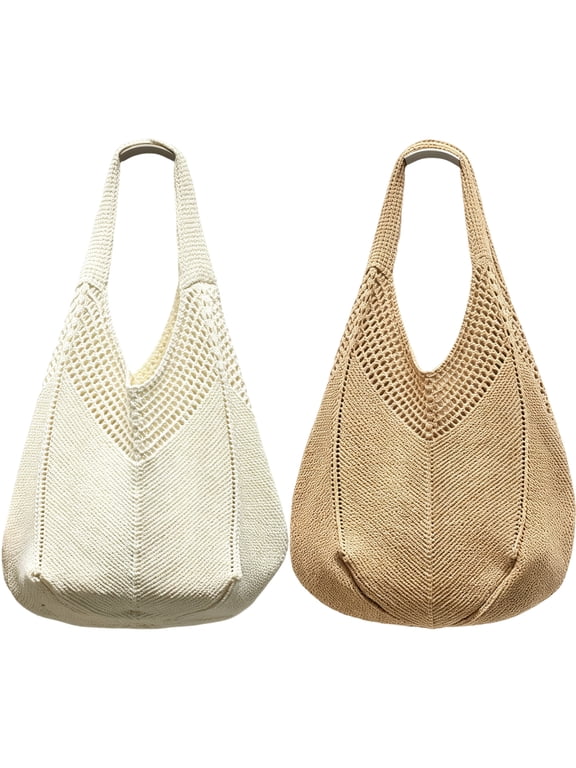 2 Pack Women's Crochet Shoulder Bag, Boho Knit Tote with V-Pattern Texture, Soft Summer Beach Purse for Vacation, Daily Use and Shopping