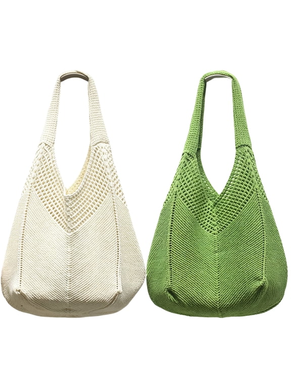 2 Pack Women's Crochet Shoulder Bag, Boho Knit Tote with V-Pattern Texture, Soft Summer Beach Purse for Vacation, Daily Use and Shopping