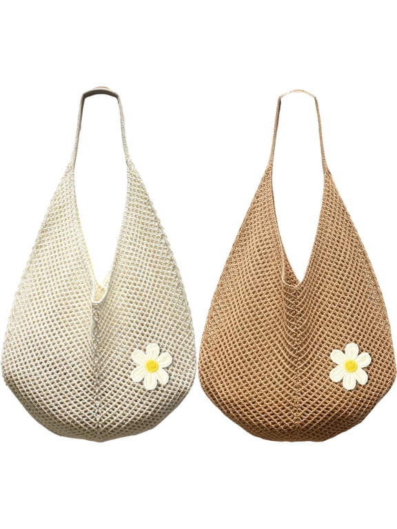 2 Pack Women's Crochet Shoulder Bag with Flower Applique, Boho Knit Tote Bag, Soft Summer Beach Purse for Vacation, Daily Use and Shopping