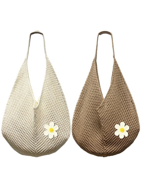2 Pack Women's Crochet Shoulder Bag with Flower Applique, Boho Knit Tote Bag, Soft Summer Beach Purse for Vacation, Daily Use and Shopping