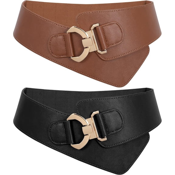 2 Pack Women's Fashion Vintage Wide Elastic Stretch Waist Belt with Gold Interlock Buckle Dress Belts