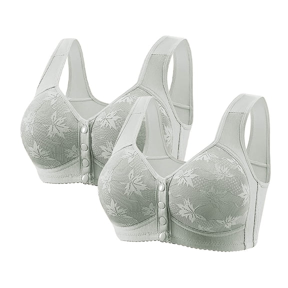 2 Pack Women's Front Closure Bra Plus Size No Underwire Full Coverage Daisy Bras Plaid Comfortable Support Push Up Bras (S, Silver-1)