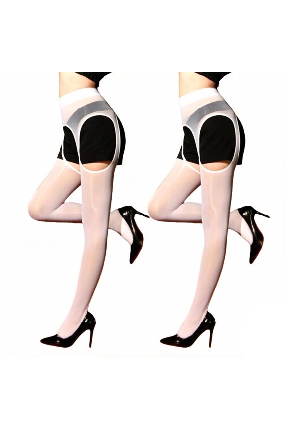 2-Pack Women's Glossy Pantyhose - High-Waist Suspender Tights with 4-Way Open Crotch & Snag-Resistant