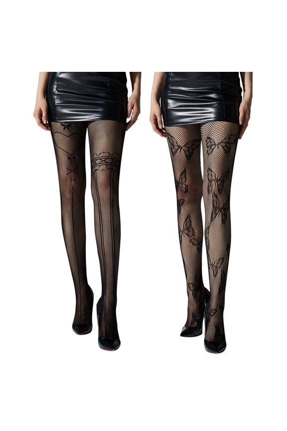 2-Pack Women's Gothic Punk Jacquard Fishnet Tights - Patterned Mesh Stockings with Edgy Style
