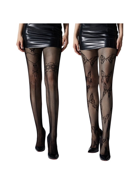 2-Pack Women's Gothic Punk Jacquard Fishnet Tights - Patterned Mesh Stockings with Edgy Style
