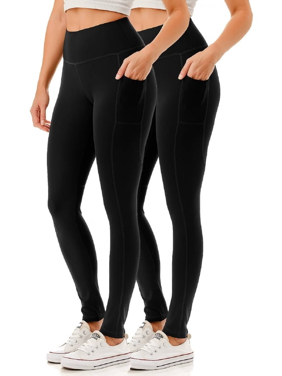 2 Pack Women's High Waisted Active Full Length Leggings With Side Pockets 28"Inseam Yoga Workout Pants