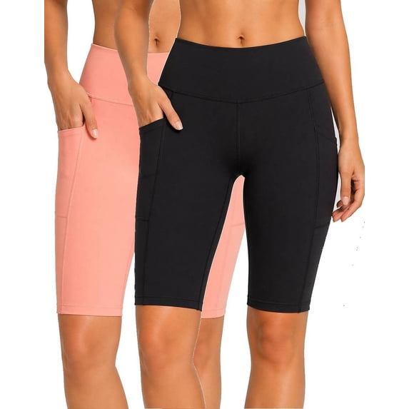 2 Pack Women's High Waisted Knee Length Biker Shorts With Pockets Tummy Control Active Bike Short