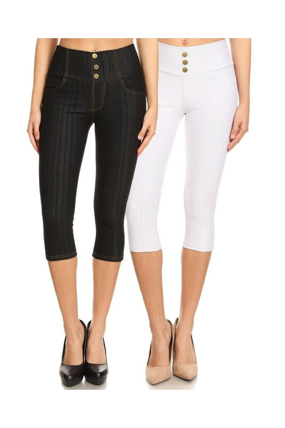 2 Pack Women's High Waisted Capri Jegging Stretch Knit Denim Capris Size S -3XL Inseam 19"
