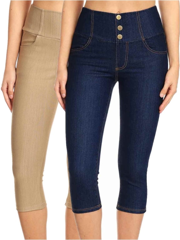 2 Pack Women's High Waisted Capri Jegging Stretch Knit Denim Cropped Pants Size S -3XL Inseam 20"