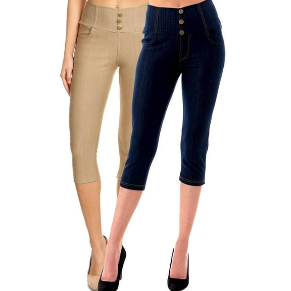 2 Pack Women's High Waisted Capri Jegging Stretch Knit Denim Capris Size S -3XL Inseam 19"