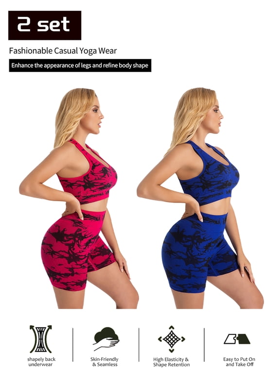 Two Set 2pcs Women's High-Waist Tie-Dye Yoga Leggings Set,Buttock-Lifting Booty Scrunch Shorts Workout Shorts Outfit Seamless Workout Set Gym Clothing Running Cycling Suit, Red,Blue