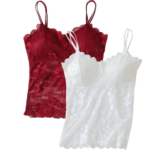 2 Pack Women's Lace Camisole Vest - Breathable Spaghetti Strap Tank Top Basic Cami Undershirt Tops Seamless Beauty Back Top with Built-in Bra, M-2XL