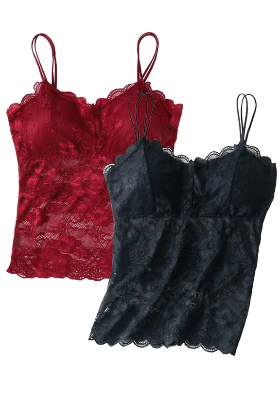 2 Pack Women's Lace Camisole Vest - Breathable Spaghetti Strap Tank Top Basic Cami Undershirt Tops Seamless Beauty Back Top with Built-in Bra, M-2XL