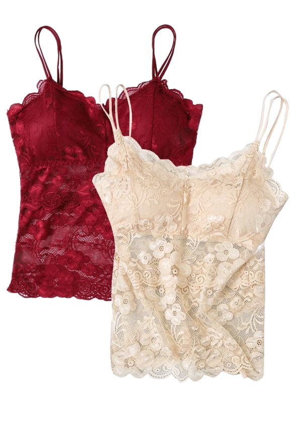 2 Pack Women's Lace Camisole Vest - Breathable Spaghetti Strap Tank Top Basic Cami Undershirt Tops Seamless Beauty Back Top with Built-in Bra, M-2XL