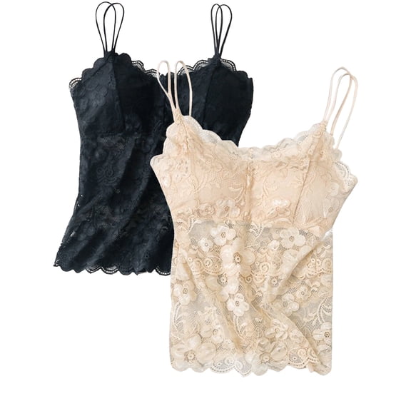 2 Pack Women's Lace Camisole Vest - Breathable Spaghetti Strap Tank Top Basic Cami Undershirt Tops Seamless Beauty Back Top with Built-in Bra, M-2XL