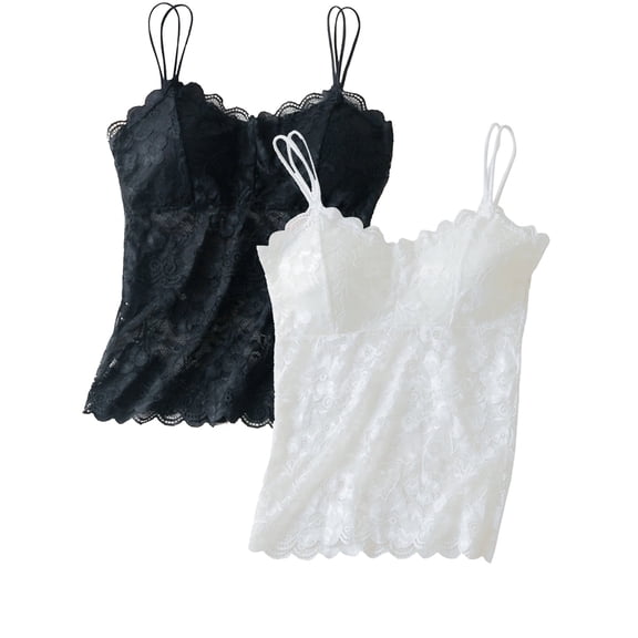 2 Pack Women's Lace Camisole Vest - Breathable Spaghetti Strap Tank Top Basic Cami Undershirt Tops Seamless Beauty Back Top with Built-in Bra, M-2XL