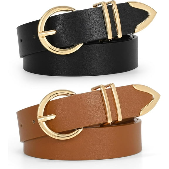 2 Pack Women's Leather Belts for Jeans Dresses Fashion Gold Buckle Ladies Belt