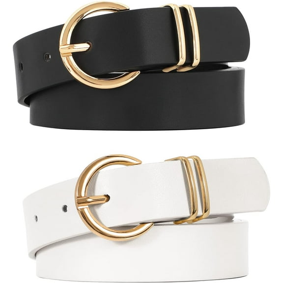 2 Pack Women's Leather Belts for Jeans Dresses Fashion Gold Buckle Ladies Belt