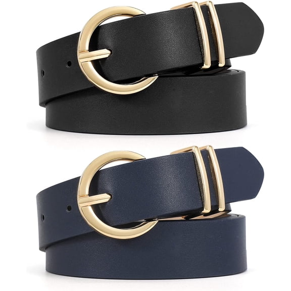 2 Pack Women's Leather Belts for Jeans Dresses Fashion Gold Buckle Ladies Belt