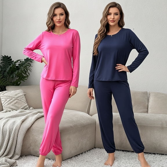 2 Pack Women’s Long Sleeve Pajama Set, Soft Polyester Crew Neck Loungewear, 2 Piece Jogger Pants Sleepwear Set for Casual Home Wear