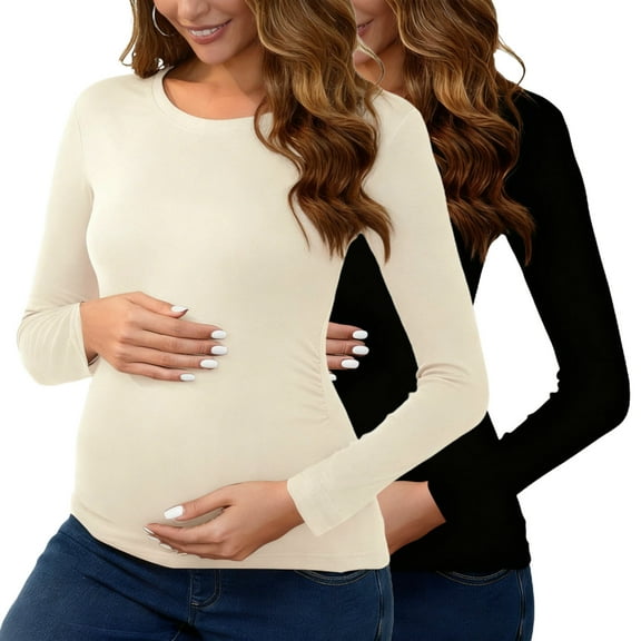 2 Pack Women's Maternity Shirts, Long Sleeve Side Ruched Pregnancy Tee Tops Crew Neck Casual Mama Clothes Basic Tunic Black L