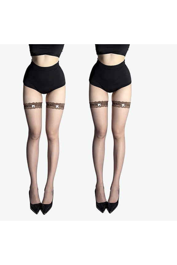 2-Pack Women's Matte Long Tube Stockings, Thin Lace Bow Color Block Half Over-the-Knee Socks