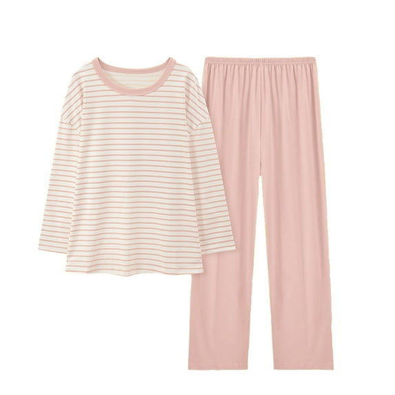 2 Pack Women's Pajama Set Soft Long Sleeve Sleepwear Loungewear Pjs Sets Womens Comfortable Stripe Gradient Pure Color Imitation Cotton Pajamas Women's Casual Loose Long Sleeved Trousers Suit Pink L