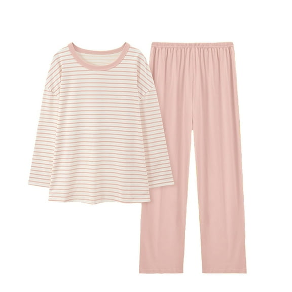 2 Pack Women's Pajama Set Soft Long Sleeve Sleepwear Loungewear Pjs Sets Womens Comfortable Stripe Gradient Pure Color Imitation Cotton Pajamas Women's Casual Loose Long Sleeved Trousers Suit Pink M