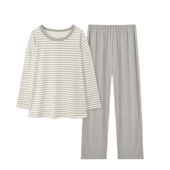 2 Pack Women's Pajama Set Soft Long Sleeve Sleepwear Loungewear Pjs Sets Womens Comfortable Stripe Gradient Pure Color Imitation Cotton Pajamas Women's Casual Loose Long Sleeved Trousers Suit Grey L