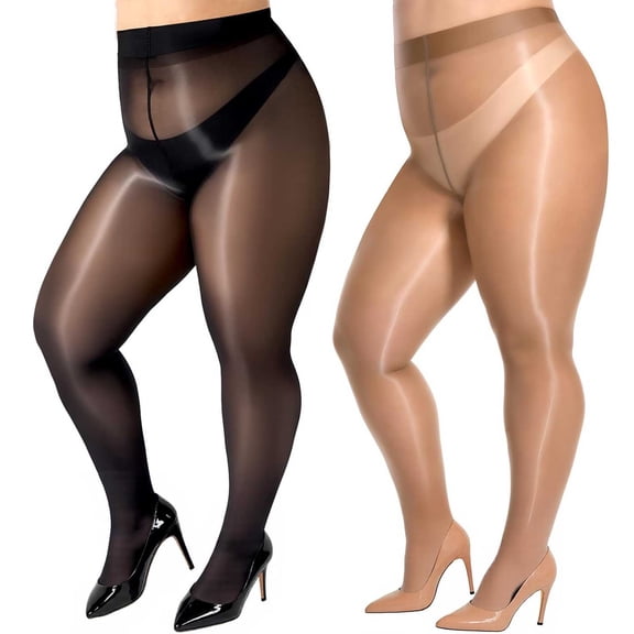 2-Pack Women's Plus Size 30D Shiny Tights - High Waist Sheer Shimmer Pantyhose with Oil Gloss Finish