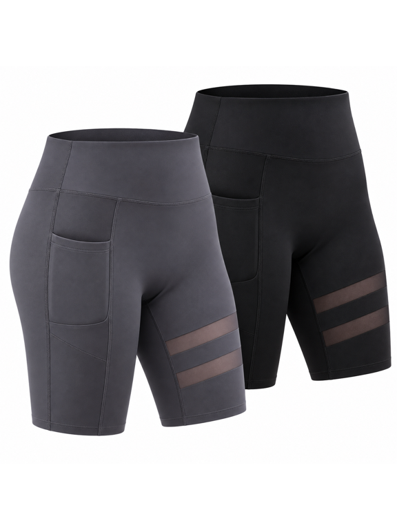 2 Pack Women's Plus Size High Waisted Biker Shorts with Pockets, Tummy Control Workout Yoga Shorts, Athletic Compression Shorts with Mesh Panels for Running Gym Casual Wear