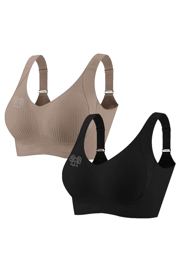 2 Pack Women's Plus Size Wireless Bralette Floral Rhinestone Full Coverage Bras Support Push up T-Shirt Bra, 100BCD