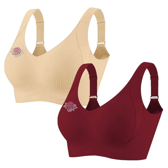 2 Pack Women's Plus Size Wireless Bralette Floral Rhinestone Full Coverage Bras Support Push up T-Shirt Bra, 100BCD