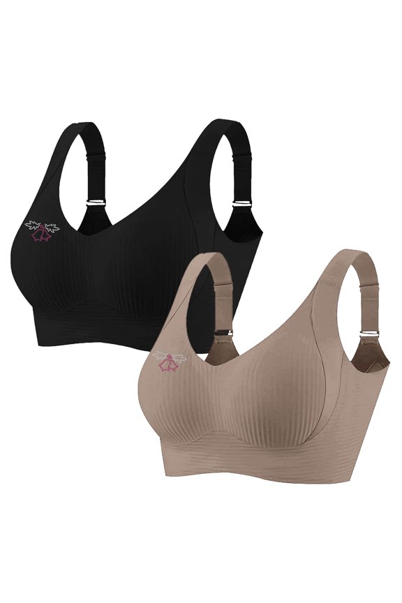 2 Pack Women's Plus Size Wireless Bralette Floral Rhinestone Full Coverage Bras Support Push up T-Shirt Bra, 75BCD