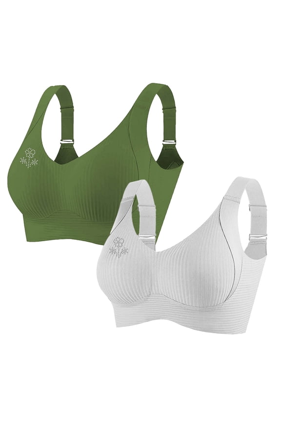 2 Pack Women's Plus Size Wireless Bralette Floral Rhinestone Full Coverage Bras Support Push up T-Shirt Bra, 75BCD
