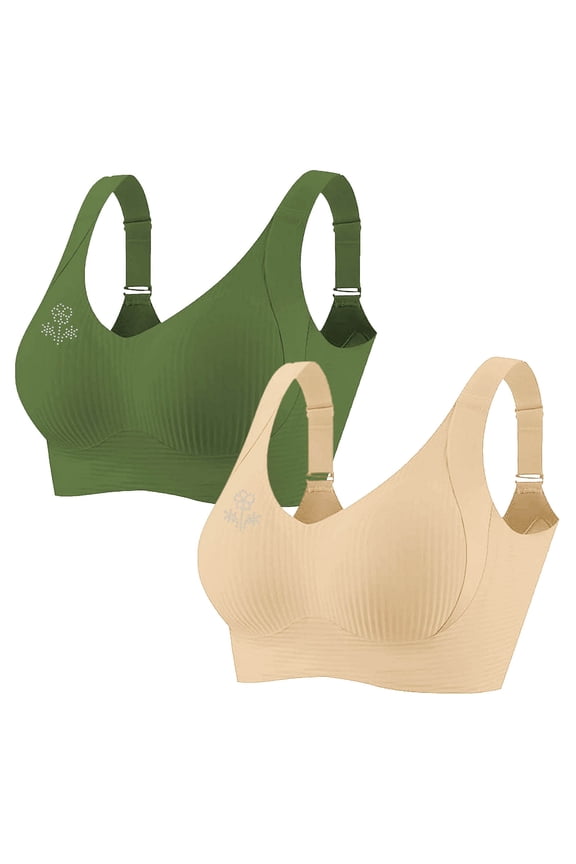 2 Pack Women's Plus Size Wireless Bralette Floral Rhinestone Full Coverage Bras Support Push up T-Shirt Bra, 80BCD
