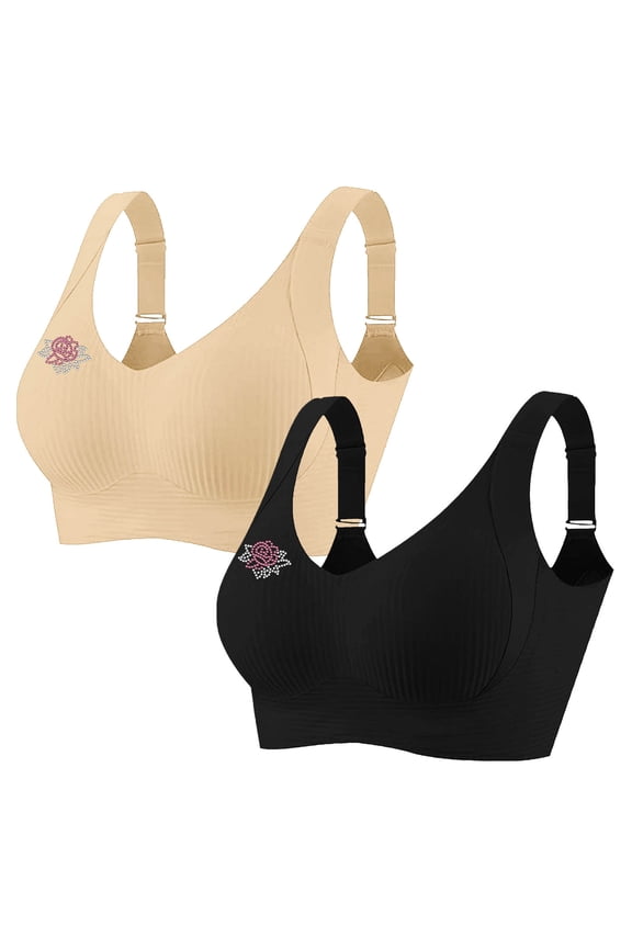 2 Pack Women's Plus Size Wireless Bralette Floral Rhinestone Full Coverage Bras Support Push Up T-Shirt Bra, 90BCD