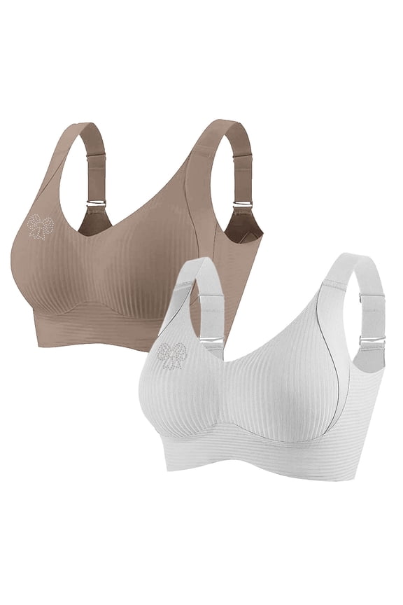 2 Pack Women's Plus Size Wireless Bralette Floral Rhinestone Full Coverage Bras Support Push up T-Shirt Bra, 90BCD