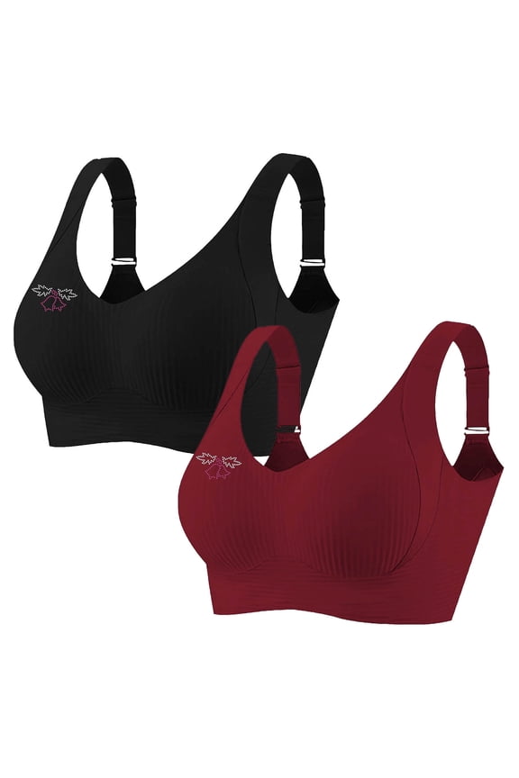 2 Pack Women's Plus Size Wireless Bralette Floral Rhinestone Full Coverage Bras Support Push up T-Shirt Bra, 95BCD