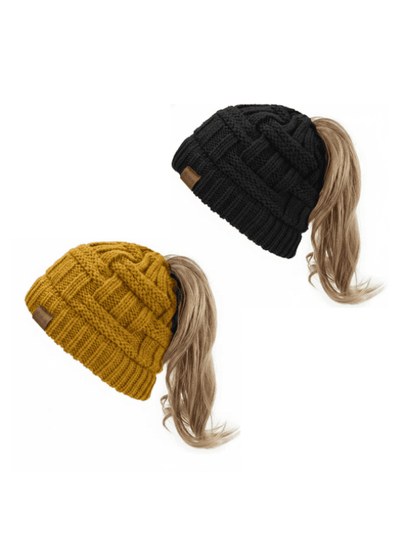 2-Pack Women's Ponytail Beanie Winter Hat – Tail Stretch Cable Knit Cap for Messy High Bun Ponytail Hat