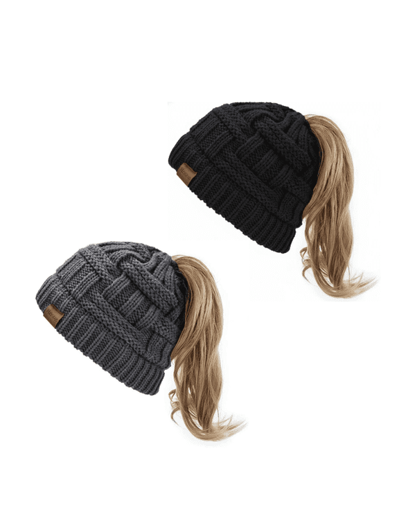 2-Pack Women's Ponytail Beanie Winter Hat – Tail Stretch Cable Knit Cap for Messy High Bun Ponytail Hat
