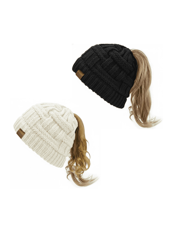 2-Pack Women's Ponytail Beanie Winter Hat – Tail Stretch Cable Knit Cap for Messy High Bun Ponytail Hat