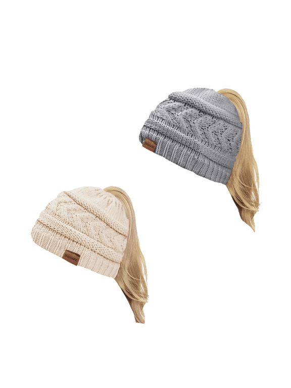 2 Pack Women's Ponytail Beanie, Winter Warm Soft Stretch Cable Knit Messy High Bun Hat with Tail