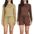 thumbnail image 1 of 2 Pack: Women's Ribbed Knit Long Sleeve Top and Shorts Pullover Lounge Pajama Set (Available In Plus Size), 1 of 6
